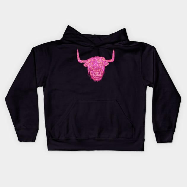 Highland Cow In The Pink Kids Hoodie by TimeTravellers